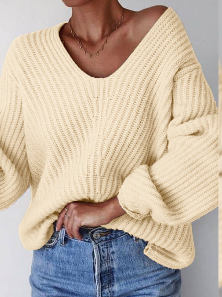 

Женские пышные рукава с v-образным вырезом и плиссированные сплошные свободные толстые модные свитера