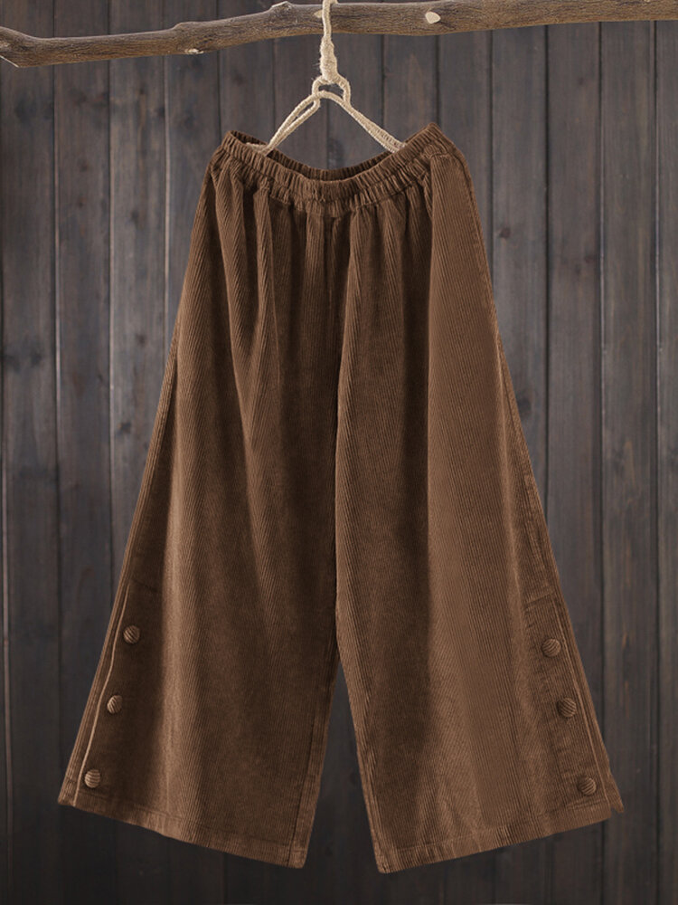 

Женские вельветовые боковые пуговицы с твердой эластичной талией и широкими штанинами Брюки с карманом