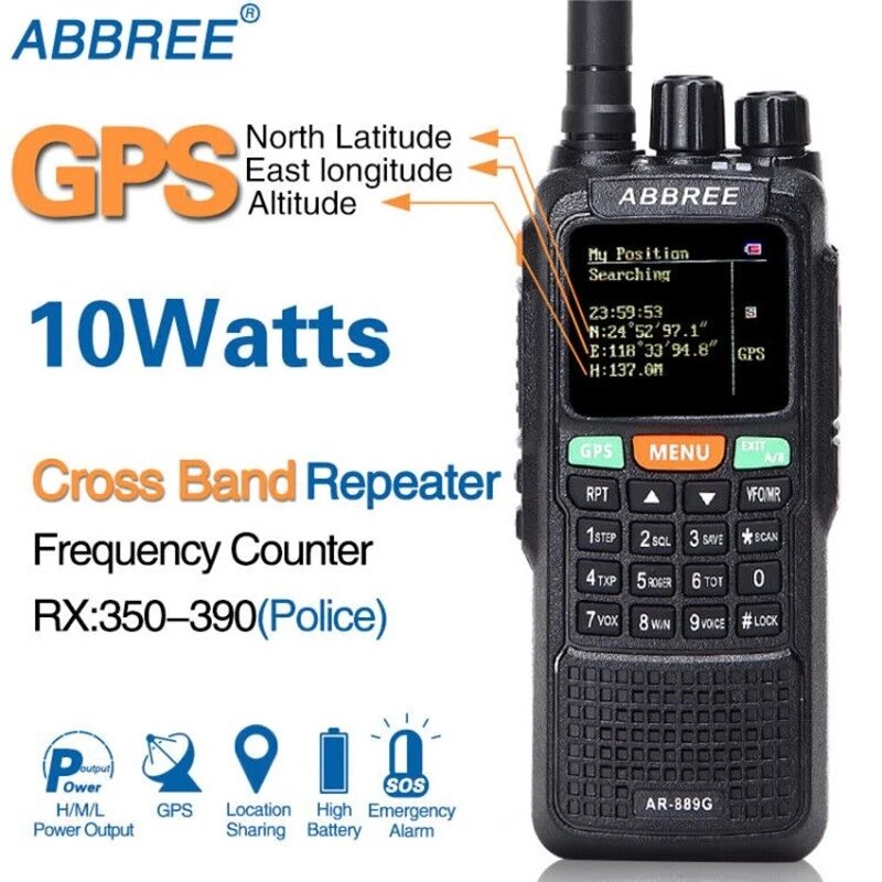 

ABBREE AR-889G GPS SOS Walkie Talkie 10W 999CH Duplex Repeater Night mode Dual Band VHF UHF Hunting Radio Station HF Tra