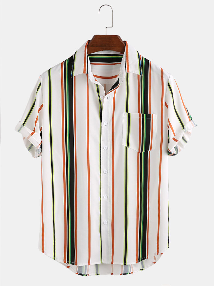 

Mens Colorful Stripe Chest Pocket Short Sleeve Leisure Shirts