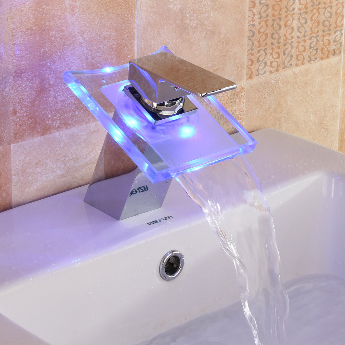 

LED Color Changing Waterfall Faucet Bathroom Sink Faucet Glass Basin Bathtub Mixer Tap