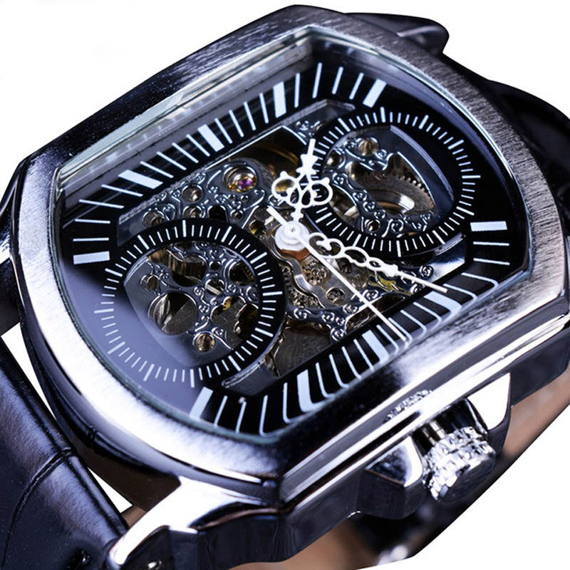 

Forsining GMT911 Модные мужские часы Полая гравировка Дизайн Кожаный ремешок Механический Часы