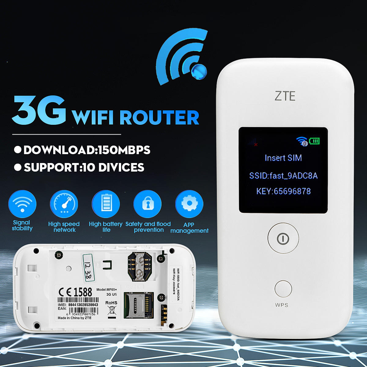 

ZTE UNLOCKED MF65+ 3G Mobile Broadband WiFi LCD Router MiFi 150Mbps Wireless Hotspot