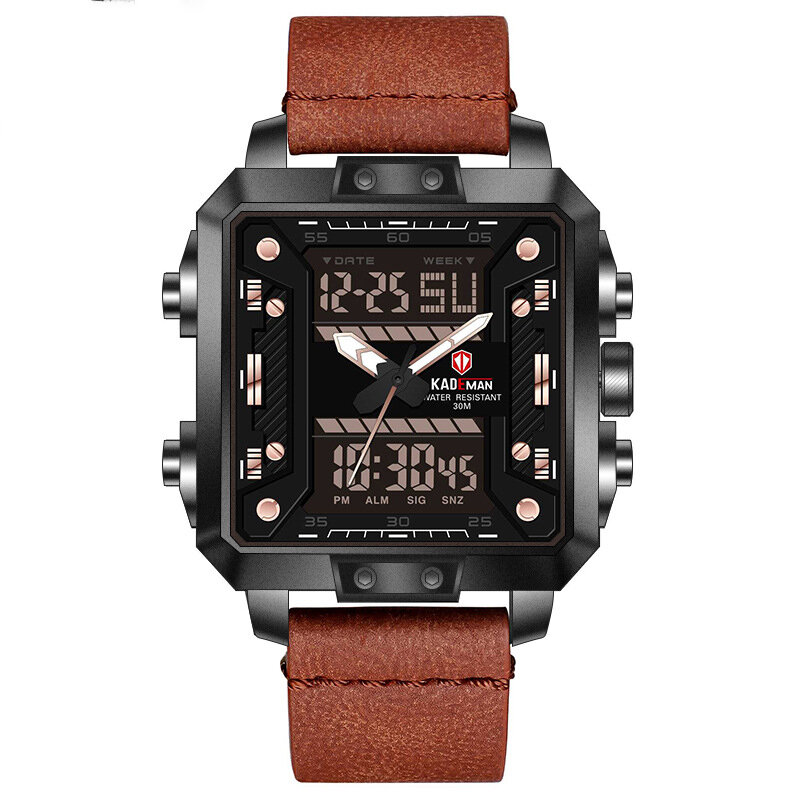 

KADEMAN K6153 Модные мужские цифровые часы 3ATM Водонепроницаемы Светящиеся неделя Дисплей Кожаный ремешок с двумя Диспл
