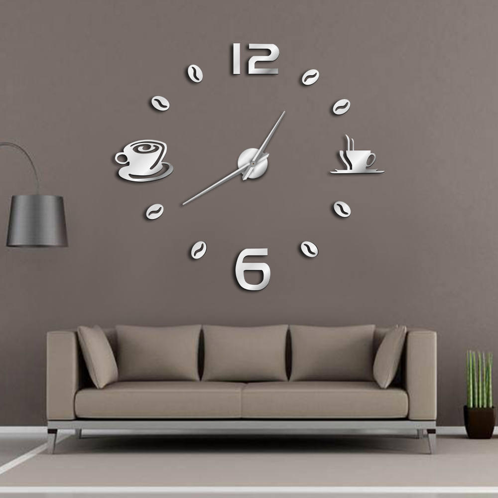 

Cafe DIY Large Wall Clock Frameless Giant Wall Clock Modern Design Cafe Coffee Mug Coffee Bean Wall Decor Kitchen Wall W