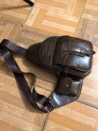 Ekphero Brand Men Leather Multi-pockets Sling Bag Chest Pack with Side Object Holder
