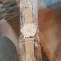 Snowflake Printed Gold Case Leather Band Women Quartz Watch