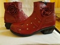SOCOFY Leather Handmade Flower Hollow Mid Heel Original Vintage Boots