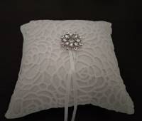 15cm x 15cm White Satin Diamante Rhinestone Lace Flower Wedding Ring Pillow 