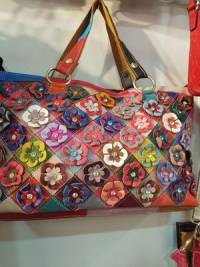Women Flower Patchwork Genuine Leather Handbag