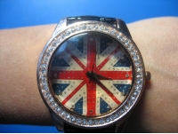 Black Faux Leather Strap Crystal Golden Union Jack Quartz Wrist Watch