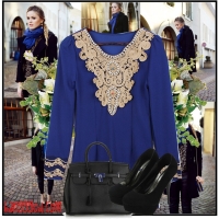 Blue New Arrival Fashionable Women's Long Sleeve Lace Pearl Long Top