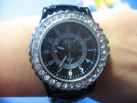 Fashion Black Leather Strap Crystal Rhinestone Quartz Wrist Watch
