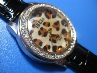 Brown Leopard Print Dial Rhinestone Crystal Black Leather Wrist Watch
