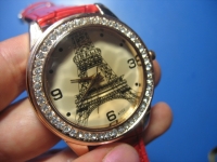 IBELI Large Crystal Faux Diamond Eiffel Tower Red Leather Strap Watch