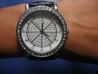 Fashion Lady Black Leather Strap Crystal Quartz Wrist Watch