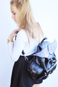New Fashion Women Girls Wing Black PU Leather Backpack School Bookbag