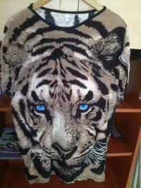Blue Eyes Tiger Pattern Printing Round Neck Women's Short Sleeve T-shirt