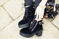 Black Zipper Thcik Heel Ankle Short Boots Decoration With Buckle