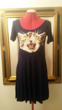 Women Casual Cat Head Printed Pleated Short Sleeve T-shirt Dress