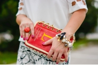 Women Letter Printed Notebook Pattern Red Black Clutch Bag 