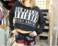 Sexy Letter Printed Long Sleeve O Neck Cropped Short Cotton T-Shirt
