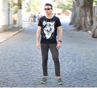 Men's Cotton Short-sleeve T-shirt Black Wolf Pattern