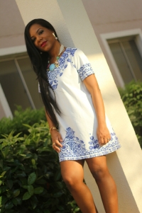 Floral Blue And White Dress For Women Porcelain Short Sleeve Casual Dress
