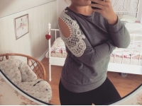 Loose Women Stitching Hollow Out Lace Sleeve T-Shirt