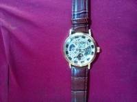 Gold Tone Skeleton Leather Mechanical Hand Wind Wrist Watch