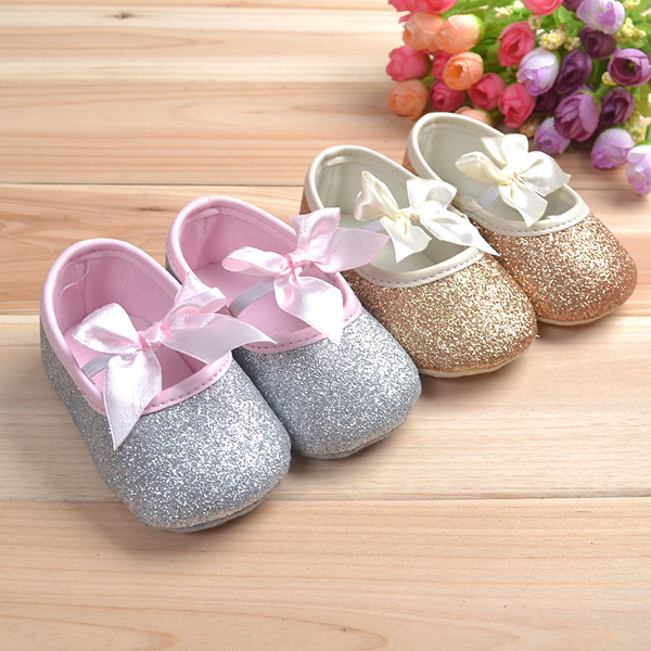 

Baby Girls Shiny Bling Ribbon Soft Sole First Walking Shoes