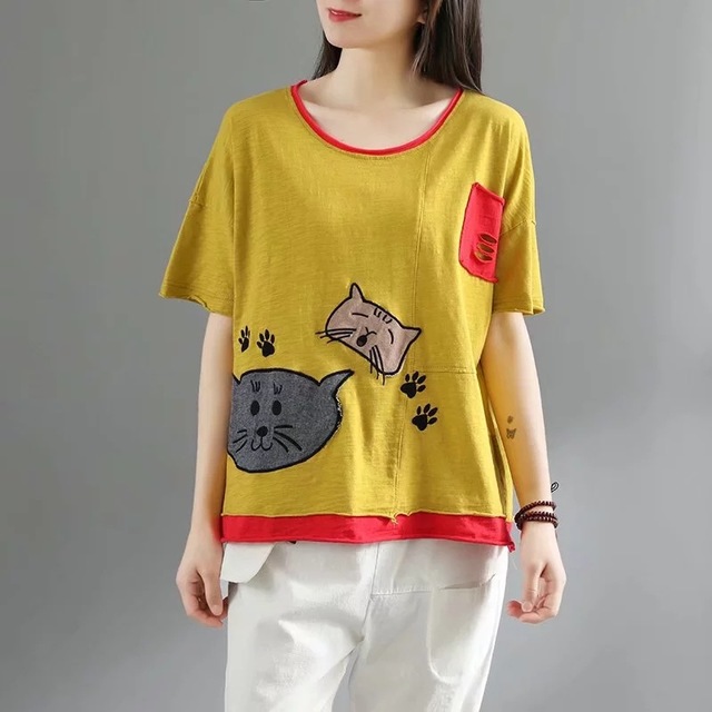 

Japanese Sen Female Retro Cat Patch Embroidery Loose Large Size Round Neck Short-sleeved T-shirt Cute Blouse