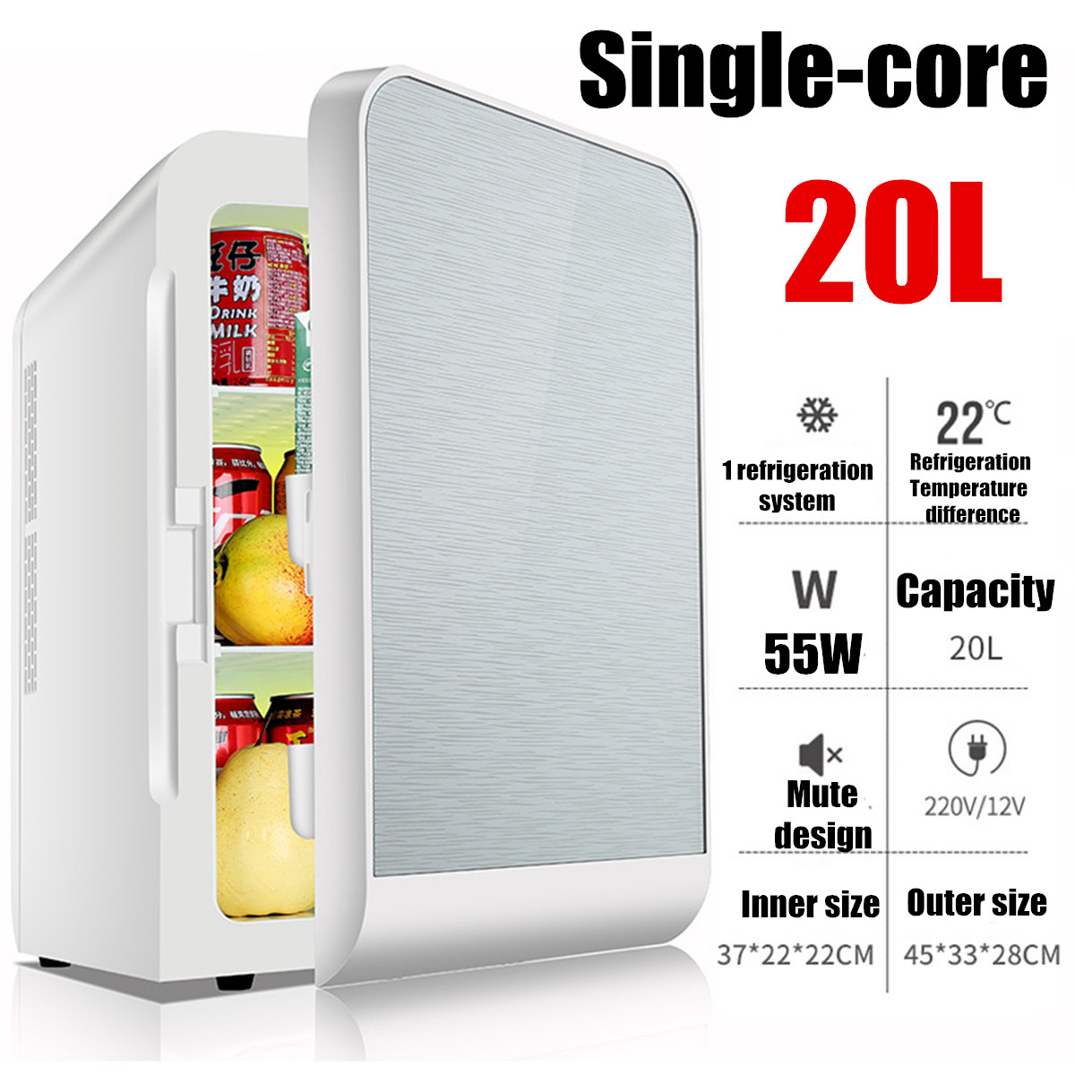 20L Single Dual-core Car Mini Fridge Travel Cool & Warmer Home Refrigerator 220V/12V 8