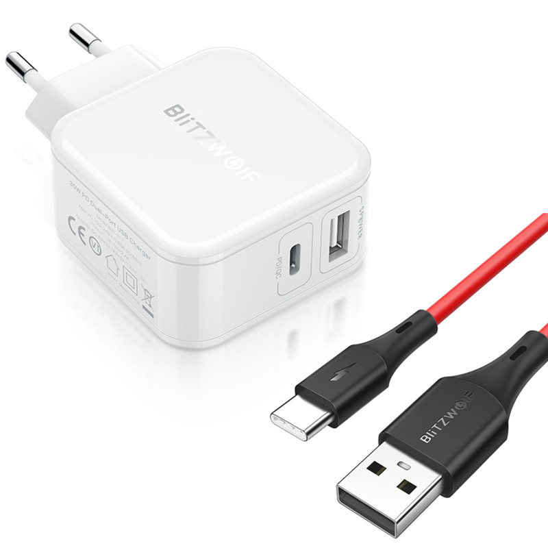 

BlitzWolf® BW-S11 30W Type-C PD/QC3.0+2.4A Dual USB Charger EU + BW-TC15 3A USB Type-C Charging Data Cable