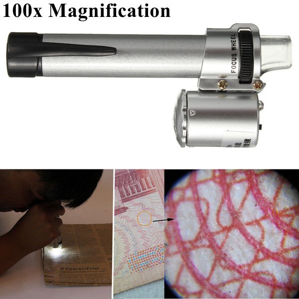 

100x Портативный карманный LED Стиль пера микроскоп лупы ювелирного украшения лупа зум пера