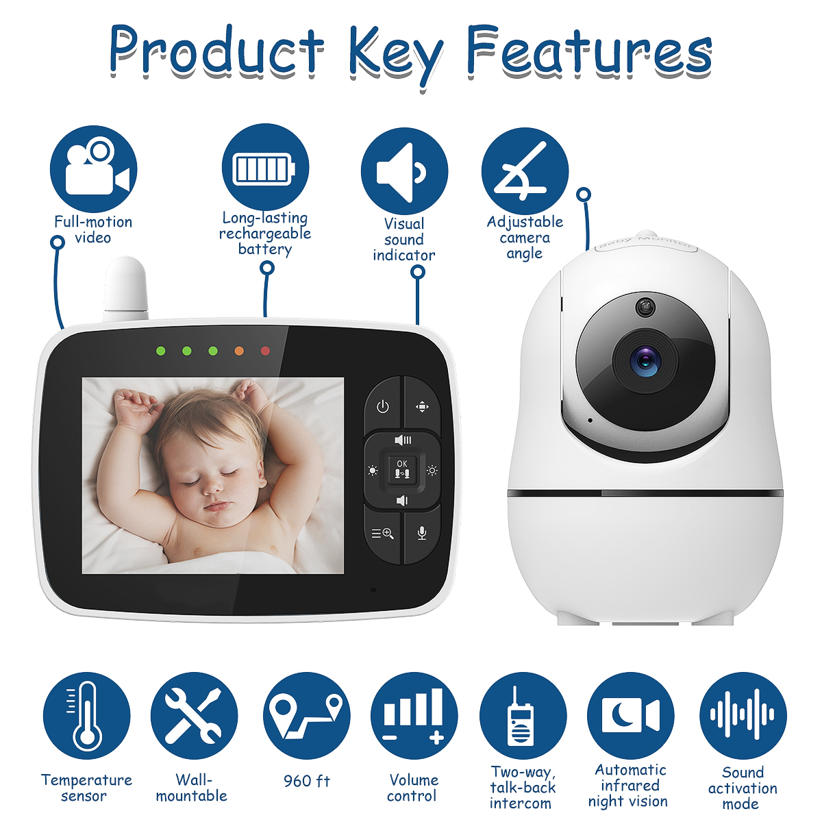 Baby monitor with camera 2.4Ghz 3.5-inch LCD digital screen and night vision camera,Dual-intercom function sound activate 24