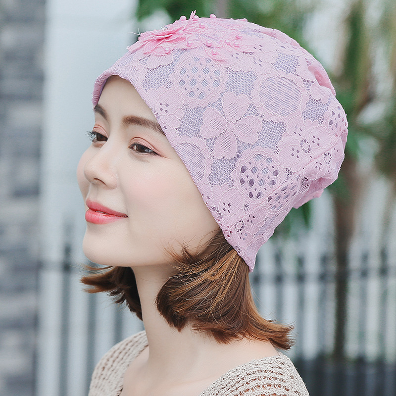 

Women Casual Lace Cotton Double Layers Chemical Turban Outdoor Hollow Out Beanie Cap