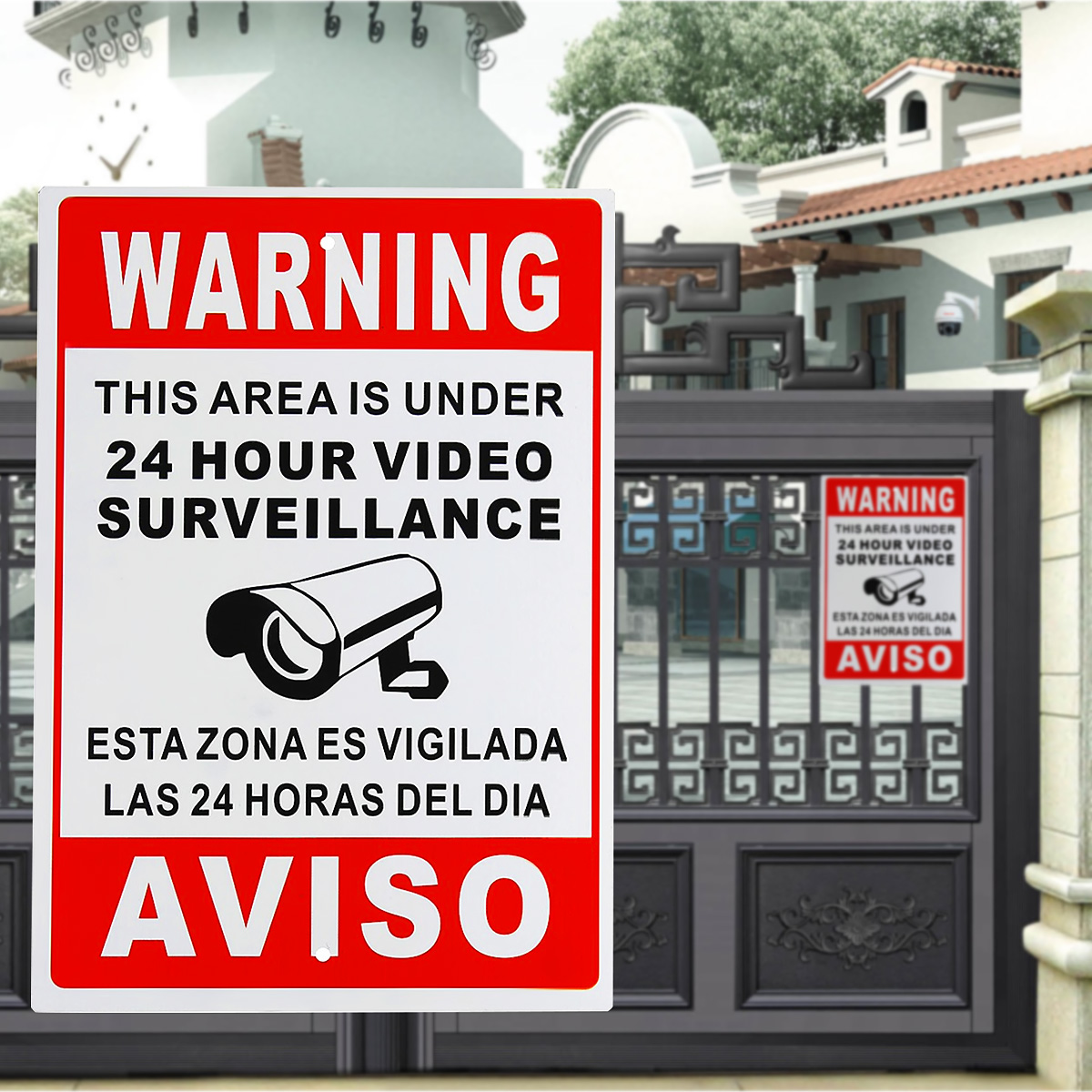 

24 Hour Video Surveillance Warning Sign Sticker Security Video Spanish English Metal