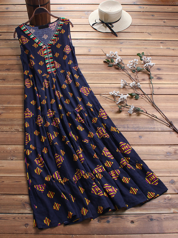 

Women Print Folk Style V-Neck Sleeveless Dress