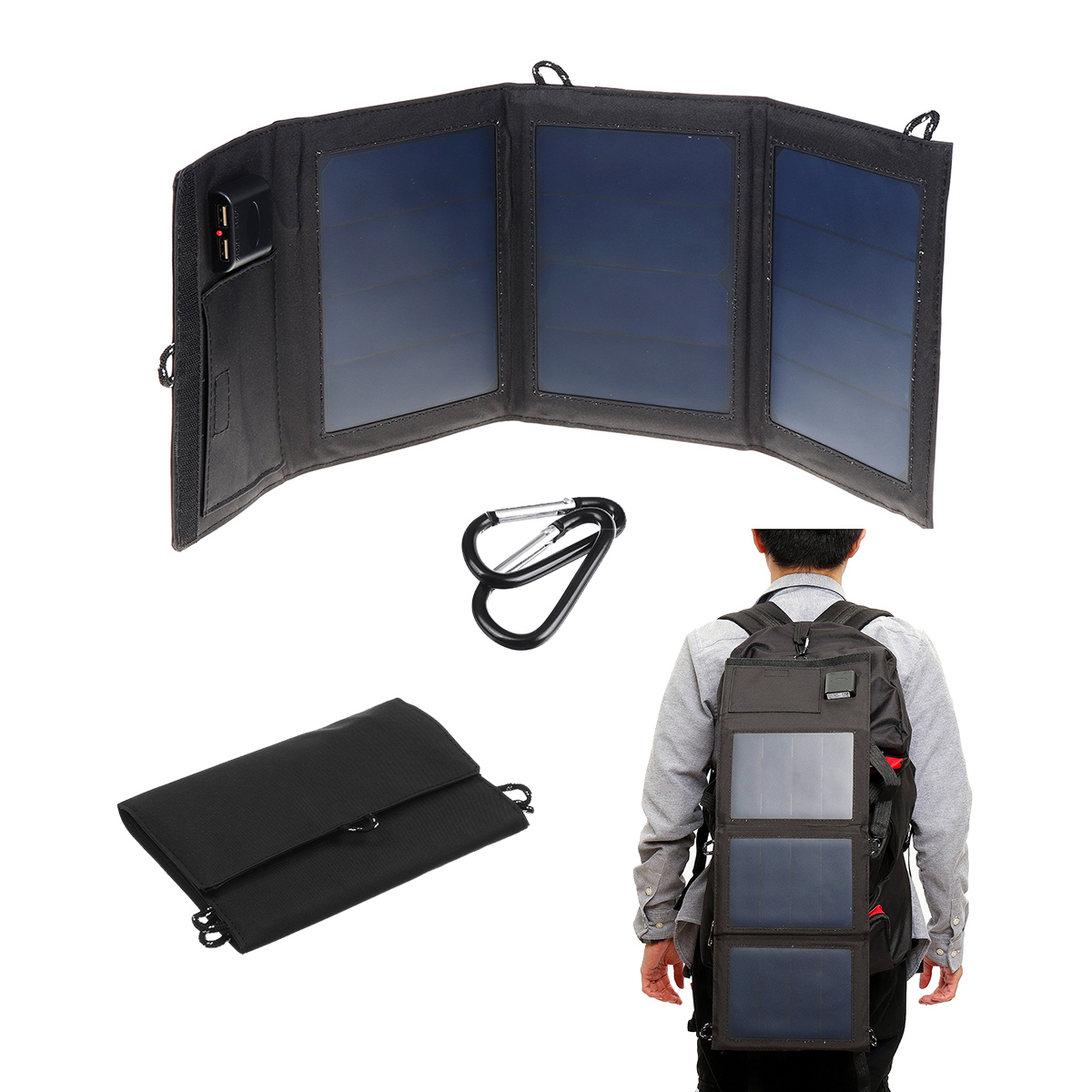 

12W 5.5V Tri-fold Foldable Waterproof Monocrystalline Silicon Solar Panel With 2Pcs Carabiner + USB Port