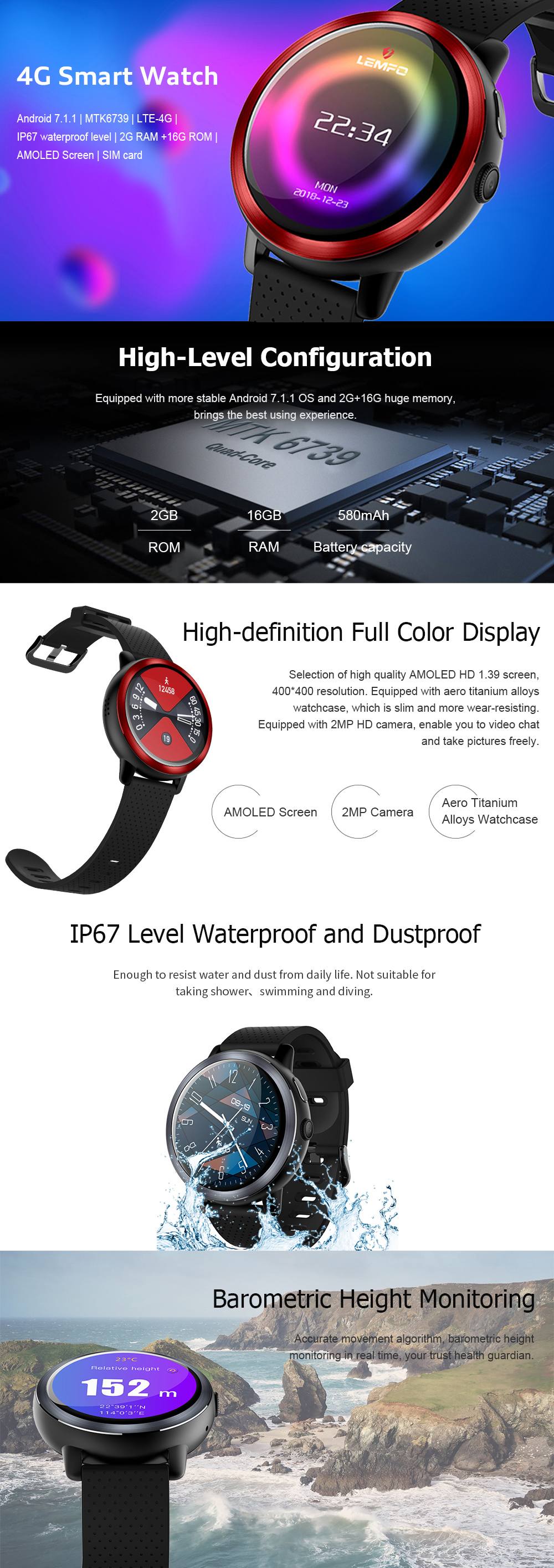 LEMFO LEM8 2G+16G 4G-LTE Watch Phone IP67 Waterproof Customized Watch Face Smart Watch 9