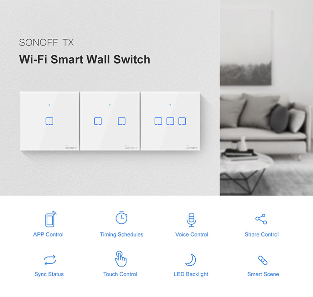 SONOFF® T2 EU/US/UK AC 100-240V 1/2/3 Gang TX Series 433Mhz WIFI Wall Switch RF Smart Wall Touch Switch For Smart Home Work With Alexa Google Home 1