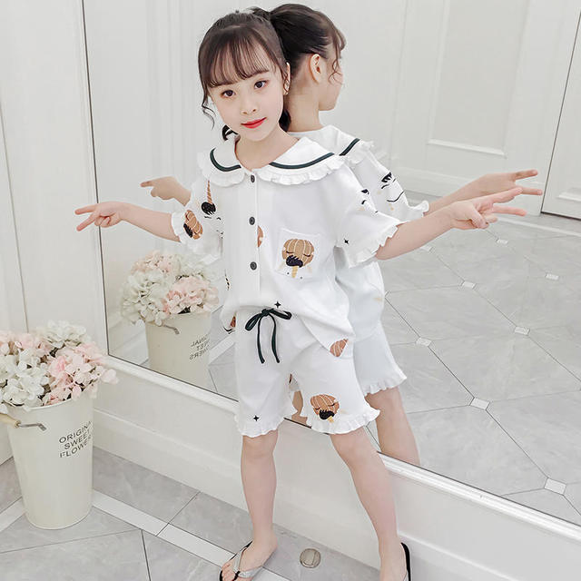 

Детская пижама женская сезонная хлопок с короткими рукавами родительский детский костюм принцесса большой ребенок тонкий срез детский до