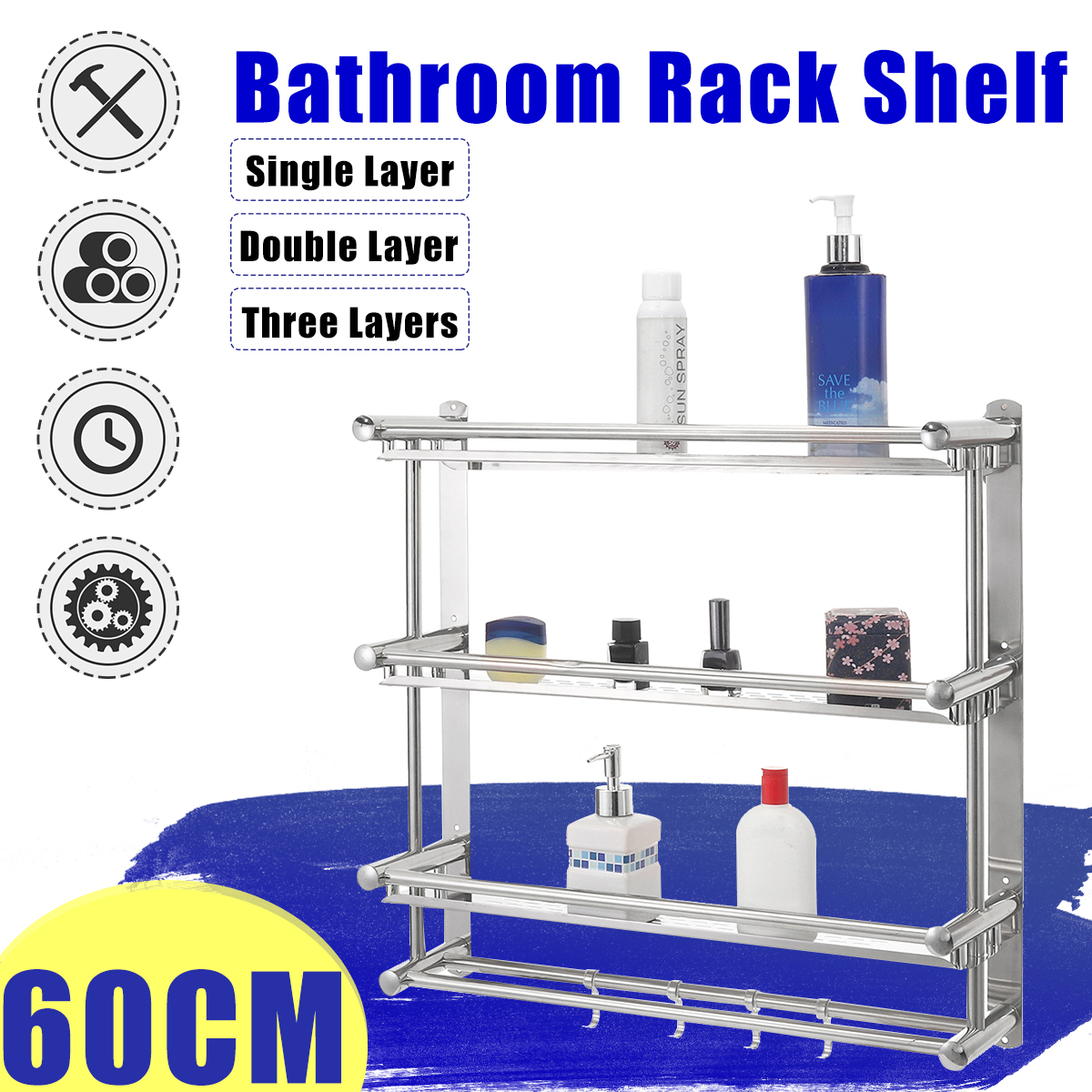 Towel Rail Holder Double Chrome Wall Mounted Stainless Steel Bathroom Rack Shelf 47