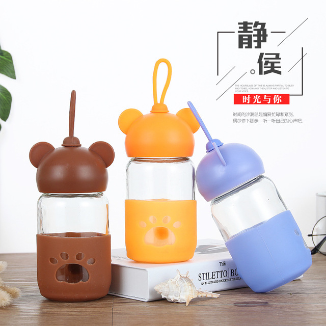 

Portable High Temperature Children's Students Transparent Glass Hand Cup With Lid Cartoon Bear Water Cup