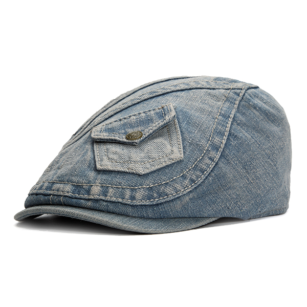 

Fashion Mens Vintage Pocket Design Denim Beret Hat Duckbill Golf Buckle Cabbie Cap
