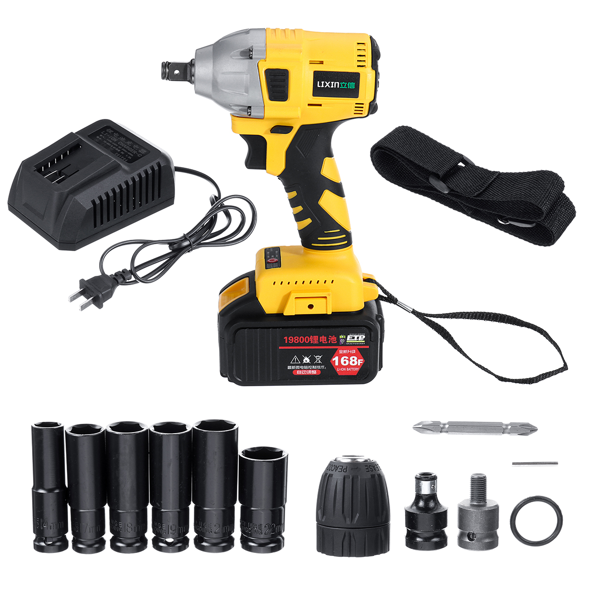 

168F 19800mAh 110V-240V Electric Brushless Impact Wrench LED Lights with Battery