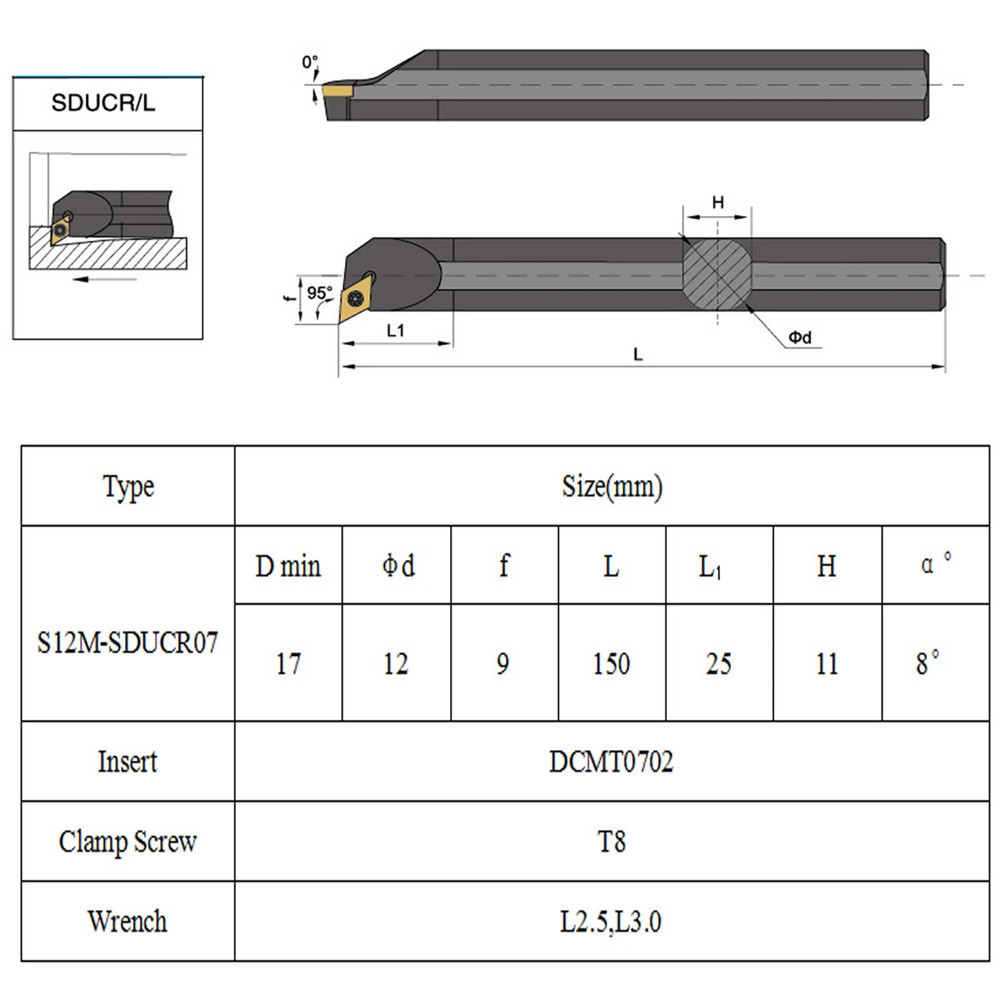 S12M-SDUCR07 12x150mm Internal Turning Tool Holder Boring Bar with DCMT0702 Insert and Wrench