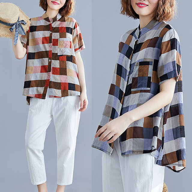 

Literary Fan New Product Irregular Collar Plaid Shirt Large Size Women's Fat Mm Cover Belly Loose A Version Shirt