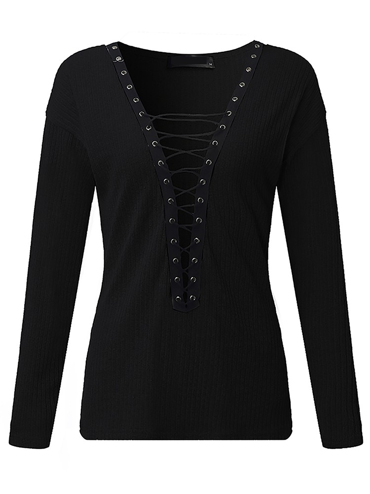 Sexy Women Lace Up Long Sleeve Plunge V-Neck Sweater